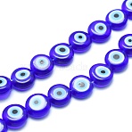 Handmade Evil Eye Lampwork Flat Round Bead Strands, Blue, 8x3.2mm, Hole: 1mm, about 49pcs/strand, 14.56 inch(LAMP-L058-8mm-12)