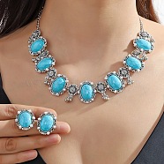 Bohemia Style Alloy Oval Jewelry Set, Acrylic Imitation Turquoise Beaded Stud Earrings & Pendant Necklace, Antique Silver, Necklaces: 495mm; Earring: 25x21mm(SJEW-H076-01AS)