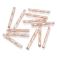 Opaque Glass Twisted Bugle Beads, Round Hole, Rose Gold Plated, 25~26x2.5mm, Hole: 1mm, about 1500pcs/bag(SEED-T005-15-B02)