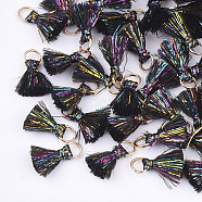 Polyeter Tassel Pendants, with Metallic Cord and Iron Jump Rings, Golden, Black, 10~15x5~8mm, Hole: 3.5mm(FIND-S305-03A)