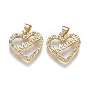 Brass Micro Pave Clear Cubic Zirconia Pendants, with Snap on Bails, for Mother's Day, Long-Lasting Plated, Heart with Word Mama, Real 18K Gold Plated, 17x16.5x2mm, Hole: 5mm(ZIRC-A011-09G)
