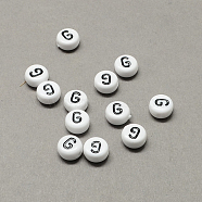 White and Black Acrylic Horizontal Hole Letter Beads, Flat Round with Letter.G, 7x4mm, Hole: 1.3mm, about 3600pcs/500g(SACR-Q101-01G)