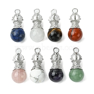 Natural Mixed Stone Pendants, Round Pendants, Bulb Charms with Rack Plating Platinum Plated Brass Deer Horn, Cadmium Free & Lead Free, Cadmium Free & Lead Free, 39~40x16~16.5mm, Hole: 4.5mm(G-C114-04P)