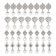 8 Sets Acrylic Imitated Pearl Pendants, with Tibetan Style Alloy Finding, Shell & Flower & Heart, Antique Silver, 28~31mm, Hole: 1.5~2mm, 4pcs/set, 32pcs/box(FIND-AR0003-38)