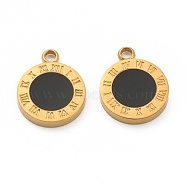 Fashion 304 Stainless Steel Enamel Charms, Flat Round with Black Roman Numerals, Golden, 14x11x2mm, Hole: 1.8mm(STAS-Z009-13G)