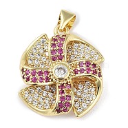 Rack Plating Brass Micro Pave Cubic Zirconia Pendants, Long-Lasting Plated, Lead Free & Cadmium Free, Real 18K Gold Plated, Winnower, Fuchsia, 21.5x20x6mm, Hole: 3.5x3mm(KK-K341-49G-01)