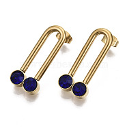 201 Stainless Steel Stud Earrings, Archway Earrings, Real 18K Gold Plated, with 304 Stainless Steel Pins, Rhinestone and Ear Nuts, U Shape, Sapphire, 28x12x5mm, Pin: 0.7mm(STAS-R115-27A-G)