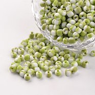 6/0 Opaque Colours Seep Glass Beads, Round Seed Beads, Green Yellow, 3.5~4x2.5~3mm, Hole: 0.5mm, about 244pcs/20g(SEED-M006-A21)