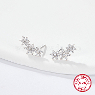 Cubic Zirconia Flower Stud Earrings, Silver 925 Sterling Silver Post Earings, Clear, 12x5mm(HO3572-4)