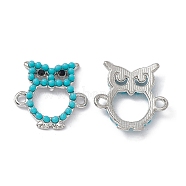 Alloy Connector Charms, Owl Links, with Rhinestones and Synthetic Turquoise, Platinum, 18x17.5x3mm, Hole: 1.5mm(FIND-A024-04P)