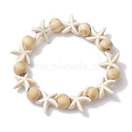 Beach Starfish Dyed Synthetic Turquoise Stretch Bracelets, Summer Wood Beaded Kid Bracelets for Girls, Floral White, Inner Diameter: 1-3/4 inch(4.32~4.55cm), Bead: 7x8~8.5mm, Starfish: 14x14mm(BJEW-JB10289-02)
