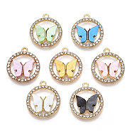 Alloy Pendants, with Crystal Rhinestone and Acrylic, Ring with Butterfly Charm, Light Gold, Cadmium Free & Nickel Free & Lead Free, Mixed Color, 18.5x16x2~3mm, Hole: 1.2mm(ALRI-T010-07)