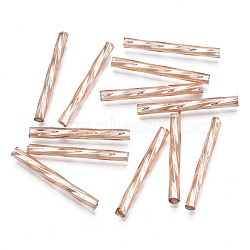 Electroplate Opaque Glass Twisted Bugle Beads, Round Hole, Rose Gold Plated, 25~26x2.5mm, Hole: 1mm, about 1500pcs/bag(SEED-T005-15-B02)