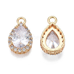 Brass Micro Pave Cubic Zirconia Pendants, Real 18K Gold Plated, Teardrop, Cadmium Free & Nickel Free & Lead Free, Clear, 17x10x5mm, Hole: 2mm(KK-N216-365)