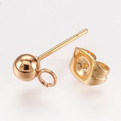 304 Stainless Steel Stud Earring Findings, with Loop and Ear Nut/Earring Backs, Real 24K Gold Plated, 15x7mm, Hole: 1.7mm, Ball: 4mm, Pin: 0.8mm(STAS-P148-07G)