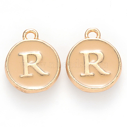 Golden Plated Alloy Enamel Charms, Cadmium Free & Lead Free, Enamelled Sequins, Flat Round with Letter, Wheat, Letter.R, 14x12x2mm, Hole: 1.5mm(ENAM-S118-06R)