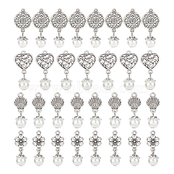 8 Sets Acrylic Imitated Pearl Pendants, with Tibetan Style Alloy Finding, Shell & Flower & Heart, Antique Silver, 28~31mm, Hole: 1.5~2mm, 4pcs/set, 32pcs/box(FIND-AR0003-38)