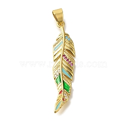 Brass Micro Pave Cubic Zirconia Pendants, with Enamel, Feather Charms, with Jump Ring, Real 18K Gold Plated, 40.5x9.5x2.5mm, Hole: 5.5x4mm(KK-K389-046G)