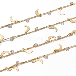 3.28 Feet Handmade Brass Curb Chains, with Cubic Zirconia Charms, Long-lasting Plated, Soldered, Diamond Shapes & Moon, Golden, Link: 2x1.5x0.3mm, Diamond Shapes: 4x2mm, Moon: 11.5x5.5mm(X-CHC-I036-66G)