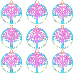 Ion Plating(IP) 201 Stainless Steel Filigree Pendants, Etched Metal Embellishments, Flat Round with Tree of Life, Rainbow Color, 23x20x0.3mm, Hole: 1.2mm, 50pcs/box(STAS-CN0001-44)