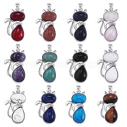 12Pcs 12 Style Natural & Synthetic Gemstone Kitten Pendants, Cat Charm, with Platinum Tone Brass Findings, 45x27x8mm, Hole: 5x7mm, 1pc/style(G-SZ0002-17)