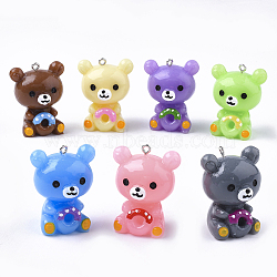 Resin Pendants, with Platinum Plated Iron Findings, Bear, Mixed Color, 34~36x27~28x24mm, Hole: 2mm(X-RESI-T028-05)