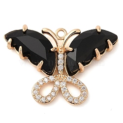 Rack Plating Brass Clear Cubic Zirconia Pendants, with Glass, Lead Free & Cadmium Free, Long-Lasting Plated, Butterfly Charm, Real 14K Gold Plated, Black, 20x28x5mm, Hole: 1.4mm(KK-N255-10G-01-RS)