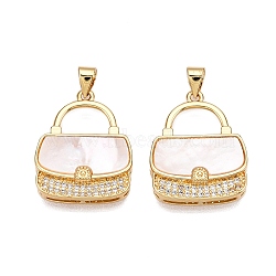 Brass Micro Pave Clear Cubic Zirconia Pendants, with Shell, Handbag Charms, Real 18K Gold Plated, 24x19x5mm, Hole: 5x3.5mm(KK-N254-184G)