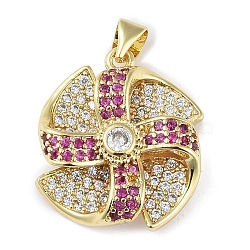 Rack Plating Brass Micro Pave Cubic Zirconia Pendants, Long-Lasting Plated, Lead Free & Cadmium Free, Real 18K Gold Plated, Winnower, Fuchsia, 21.5x20x6mm, Hole: 3.5x3mm(KK-K341-49G-01)