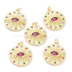 Brass Micro Pave Cubic Zirconia Pendants, Long-Lasting Plated, Real 18K Gold Plated, Flat Round with Eye, Violet, 23x19.5x3mm, Hole: 3mm(ZIRC-P200-10A-G)