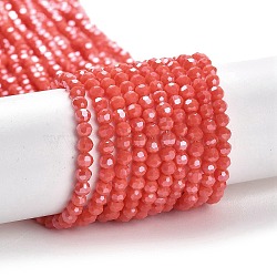 Electroplate Opaque Glass Beads Strands, Faceted(32 Facets), Pearl Luster Plated, Round, Tomato, 3mm, Hole: 0.8mm, about 164~166pcs/strand, 19.69~19.88 inch(50~50.5cm)(EGLA-A035-P3mm-A34)