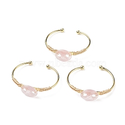 Natural Rose Quartz Coffee Bean Open Cuff Bangle, Real 18K Gold Plated Brass Wire Wrap Jewelry for Women, Cadmium Free & Lead Free, Inner Diameter: 1-7/8x2-1/2 inch(4.7x6.3cm)(BJEW-G660-01G-01)