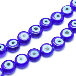 Handmade Evil Eye Lampwork Flat Round Bead Strands, Blue, 8x3.2mm, Hole: 1mm, about 49pcs/strand, 14.56 inch(LAMP-L058-8mm-12)