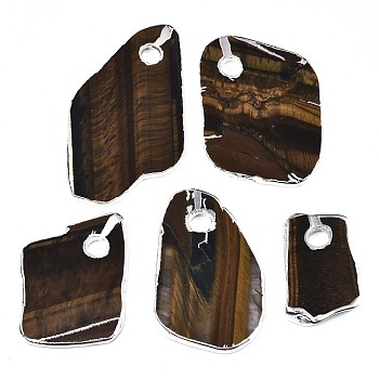 Natural Tiger Eye Pendants, with Edge Plated, Mixed Shaped, Platinum Plated, 31~61x21~38x3~4.5mm, Hole: 6mm