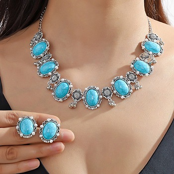 Bohemia Style Alloy Oval Jewelry Set, Acrylic Imitation Turquoise Beaded Stud Earrings & Pendant Necklace, Antique Silver, Necklaces: 495mm; Earring: 25x21mm