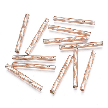 Opaque Glass Twisted Bugle Beads, Round Hole, Rose Gold Plated, 25~26x2.5mm, Hole: 1mm, about 1500pcs/bag