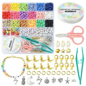 DIY Heishi Surfer Bracelet Necklace Making Kit, Including Polymer Clay Disc & Acrylic Letter & Plastic Star & Natural Shell Beads, Dolphin & Heart & Pineapple Alloy Charms, Scissors, Tweezers, Mixed Color, 3474Pcs/box