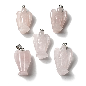Natural Rose Quartz Pendants, Angel Charms with Platinum Plated Alloy Snap on Bails, 31~31.5x17~18x12mm, Hole: 7.5x4mm