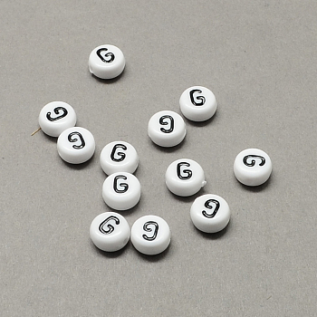 White and Black Acrylic Horizontal Hole Letter Beads, Flat Round with Letter.G, 7x4mm, Hole: 1.3mm, about 3600pcs/500g