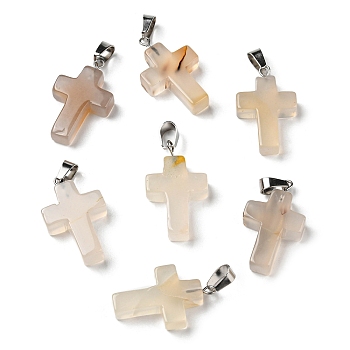 Natural White Agate Pendants, with Stainless Steel Snap On Bails, Cross, 29~30x18~19x5~6mm, Hole: 6x4mm