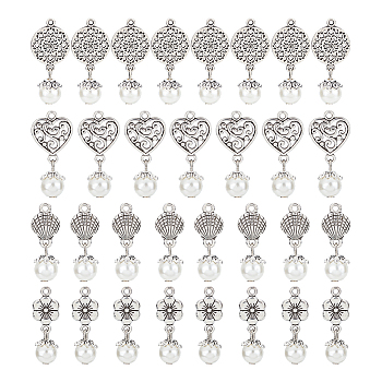 8 Sets Acrylic Imitated Pearl Pendants, with Tibetan Style Alloy Finding, Shell & Flower & Heart, Antique Silver, 28~31mm, Hole: 1.5~2mm, 4pcs/set, 32pcs/box