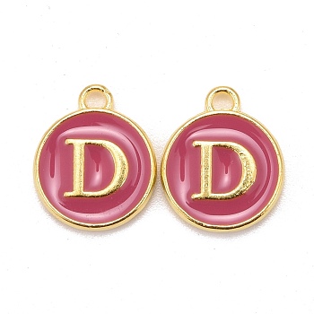 Golden Plated Alloy Enamel Charms, Cadmium Free & Lead Free, Enamelled Sequins, Flat Round with Letter, Camellia, Letter.D, 14x12x2mm, Hole: 1.5mm