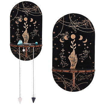Wooden Wall-Mounted Small Crystal Display Shelf, Witch Hanging Crystal Holder with Rose Quartz, Blue Goldstone, Synthetic Turquoise, for Crystal Dowsing Pendulum Pendant Storage, Moon Pattern, Finish Product: 21.5x11.6x8.5cm