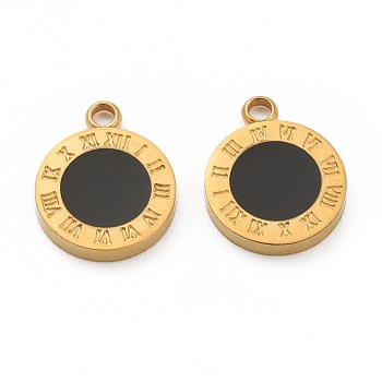 Fashion 304 Stainless Steel Enamel Charms, Flat Round with Black Roman Numerals, Golden, 14x11x2mm, Hole: 1.8mm