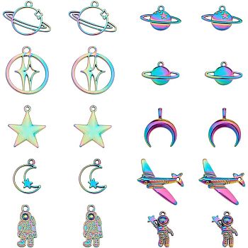 CHGCRAFT 20Pcs 10 Style Space Theme Alloy Pendants, Spaceman & Double Horn/Crescent Moon & Star, Rainbow Color, 13~27x10.5~27x1.5~5mm, Hole: 1.4~3.5mm, 2pcs/style