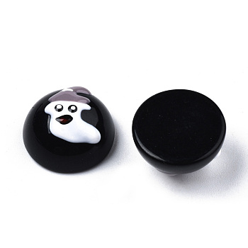 Halloween Opaque Resin Enamel Cabochons, Half Round with Rosy Brown Ghost, Black, 15x8.5mm