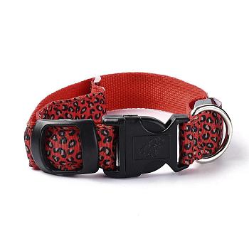 Adjustable Polyester LED Dog Collar, with Water Resistant Flashing Light and Plastic Buckle, Built-in Battery, Leopard Print Pattern, Dark Red, 300~430mm