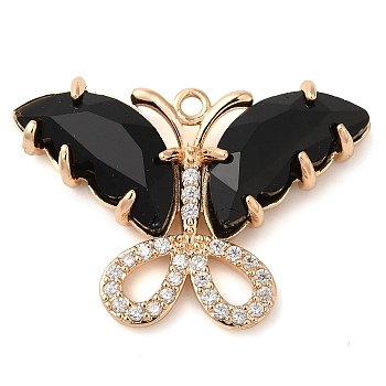 Rack Plating Brass Clear Cubic Zirconia Pendants, with Glass, Lead Free & Cadmium Free, Long-Lasting Plated, Butterfly Charm, Real 14K Gold Plated, Black, 20x28x5mm, Hole: 1.4mm