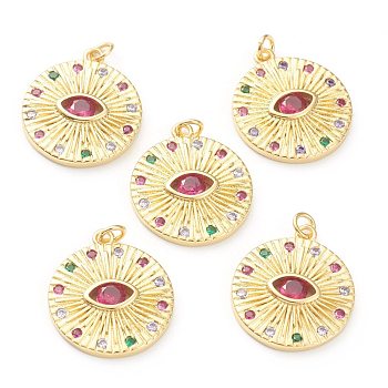 Brass Micro Pave Cubic Zirconia Pendants, Long-Lasting Plated, Real 18K Gold Plated, Flat Round with Eye, Violet, 23x19.5x3mm, Hole: 3mm