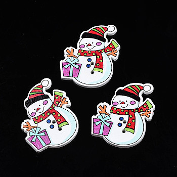 Christmas 2-Hole Spray Painted Maple Wooden Buttons, Single-Sided Printed, Snowman, White, 36x30x2mm, Hole: 1.6mm